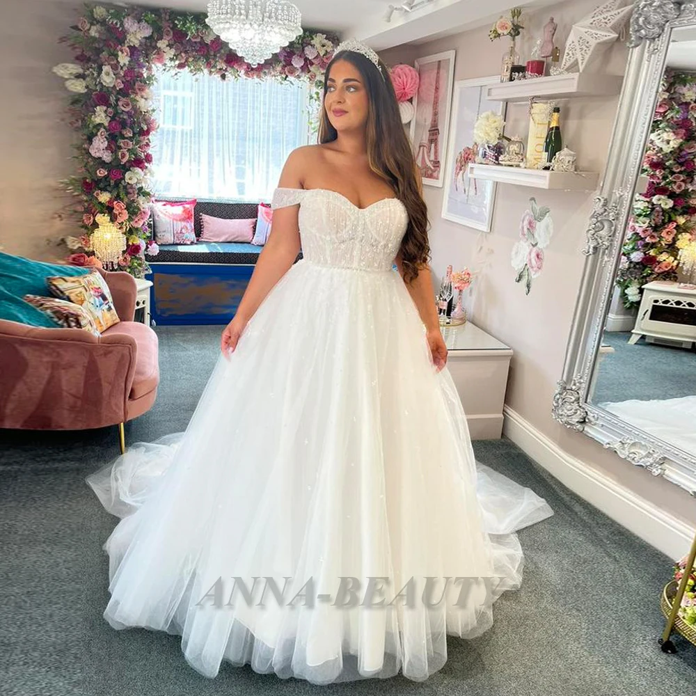 

Anna Bling Tulle Sweetheart Wedding Dresses For Women A Line Classic Off The Shoulder Court Train Lacing Up Vestido De Casamento