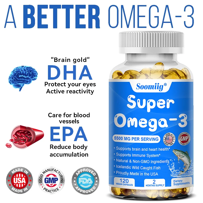 

OMEGA-3 fish oil capsules support skin, eyes, cardiovascular health and immunity, promote brain development and enhance memory