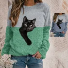 Свитшот женский с принтом кота, модная свободная универсальная Толстовка с длинным рукавом, пуловер в стиле Харадзюку, Одежда большого размера