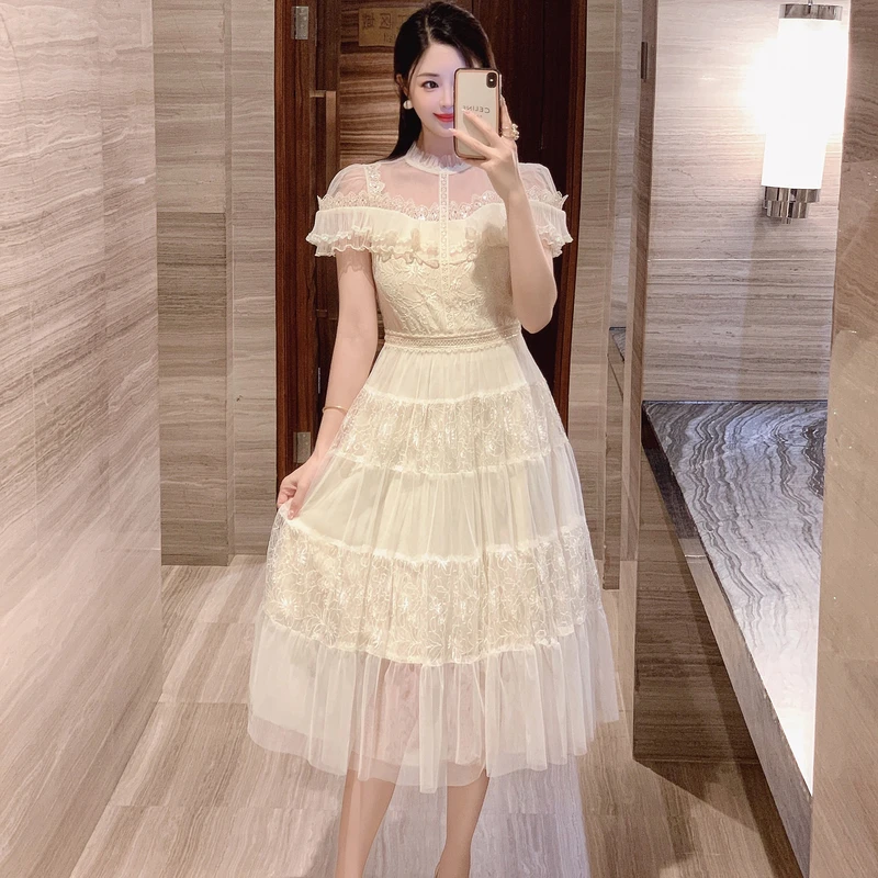 Женское Сетчатое платье-трапеция элегантное платье с кружевной вышивкой и