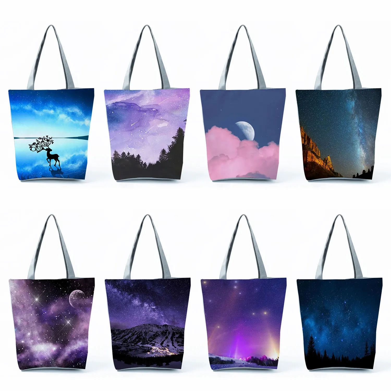 

Pretty Starry Sky Tote Handbags Customized Reusable Designer Logo Shopping Bags Casual Foldable Women Shoulder Bag For Groceries