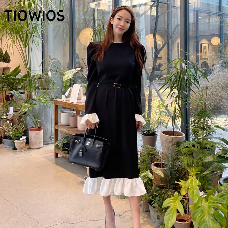 

TIOWIOS 2022 Spring New Korean Temperament Dress Fashion Stitching Ruffled Slim Simple Dress Female