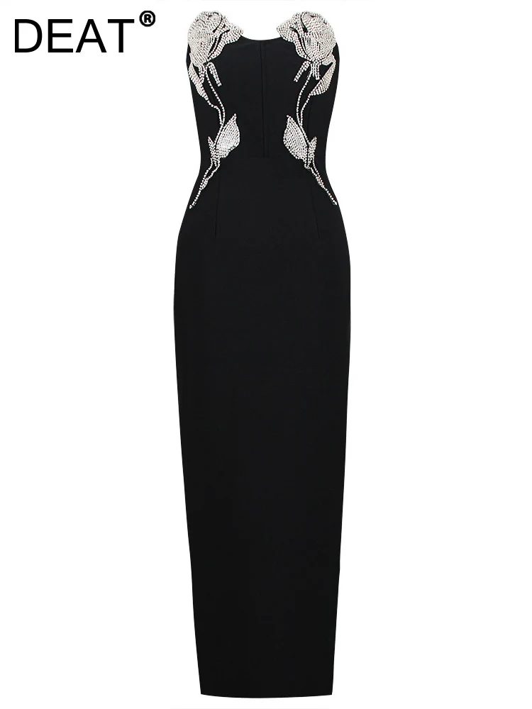 

Женское вечернее платье [DEAT], черное платье без бретелек, без рукавов, со стразами и высоким разрезом, модель 13DB429 на лето, 2023