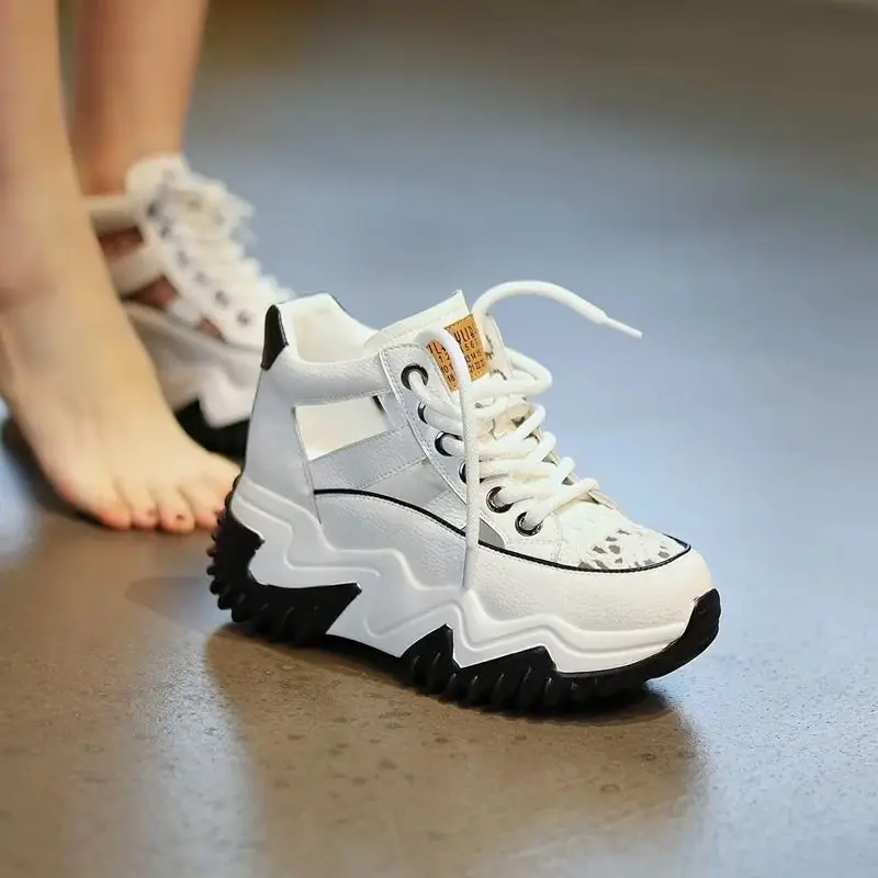 Authentic Leather Clunky Sneakers Women's 2023 New Summer Hot Hollow-out Platform Height Increasing Insole Casual