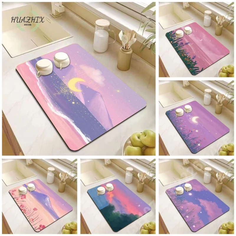 

Oil Painting Printing Sun Moon Decoration Beautiful Dish Drying Mat Drain Pads Super Absorbent Anti-Slip for Kitchen Placemat