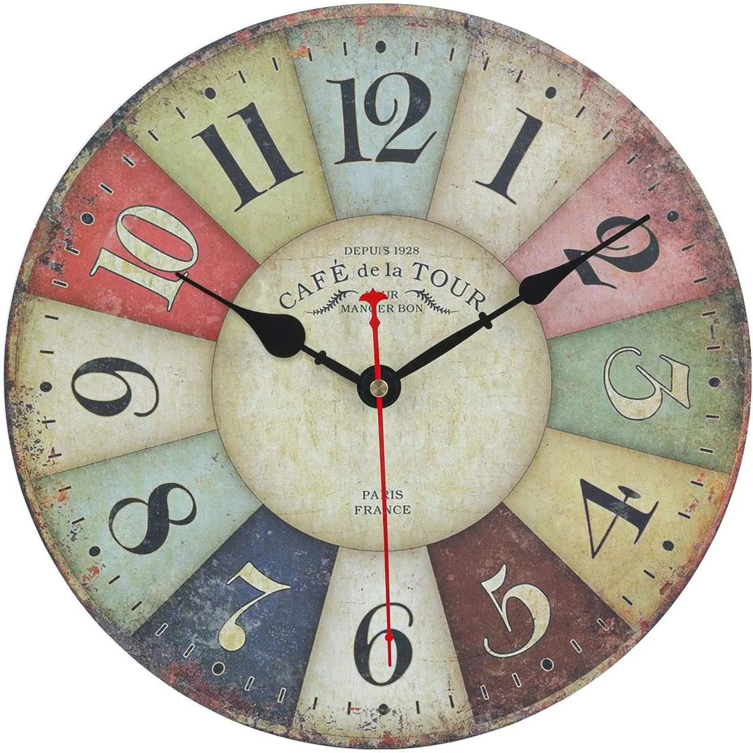

Reloj Pared Vintage Multicolor FrancéS, Reloj Moderno Hecho de Madera , Ejercicio Silencioso, Decoración de Pared para Cocina