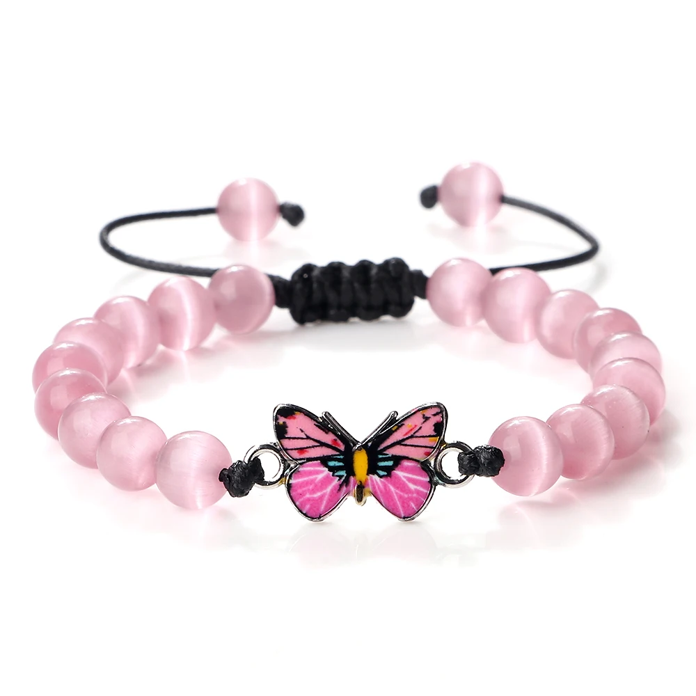 

Hot Pink Butterfly Fashion Bracelets Natural Stone Lava Onyx White Porcelain Beads Prayer Bracelets Women Men Adjustable Jewelry
