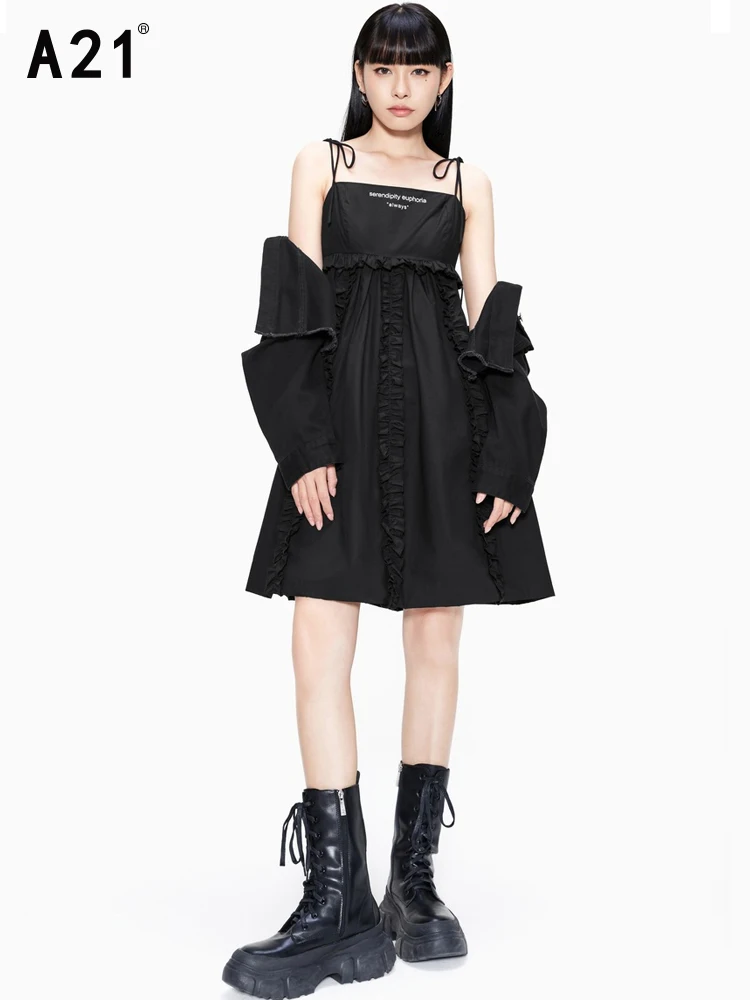 

A21 Black Solid Summer Spaghetti Strap Short Cotton Dresses for Women 2022 Luxury Designer Backless Edible Sexy Dress Elegant