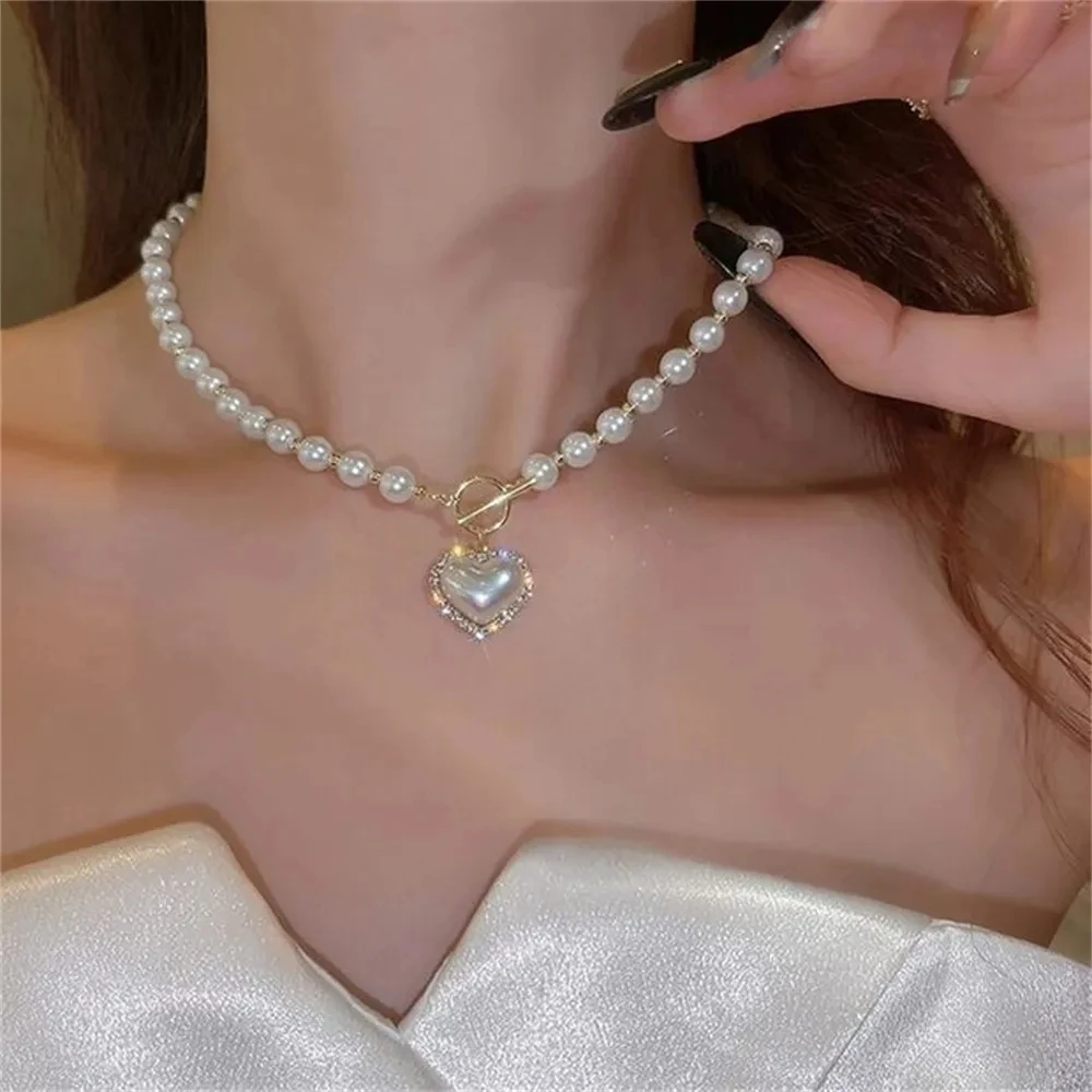 

Fashion Imitation Pearls Collar Vinatge ABS Pearl Pendant Necklace For Women Simple OT Buckle Clavicle Chain Party Jewelry Gift