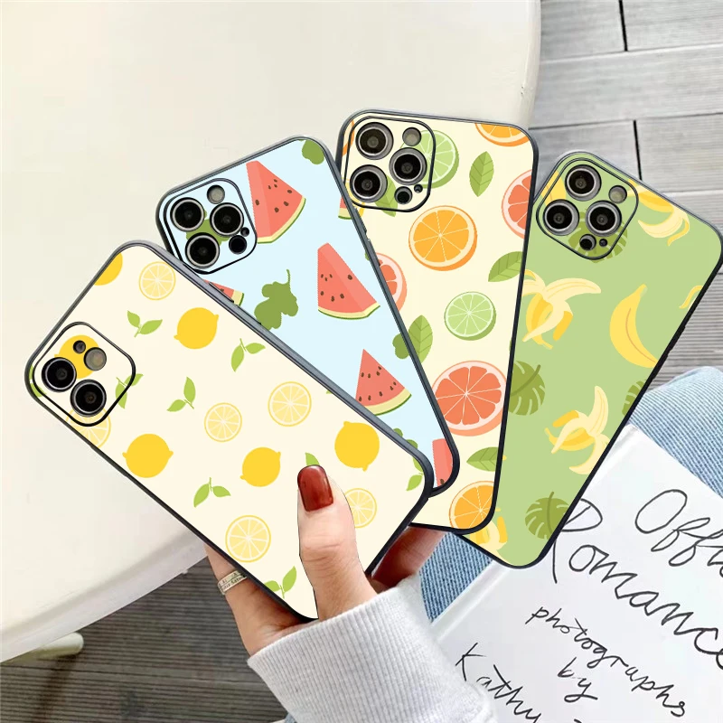 

Cartoon Fruit Phone Case For Funda iPhone 11 12 13 Pro Max Mini X XR XS SE 2020 5 6 7 8 Plus Back Celular Liquid Silicon Black