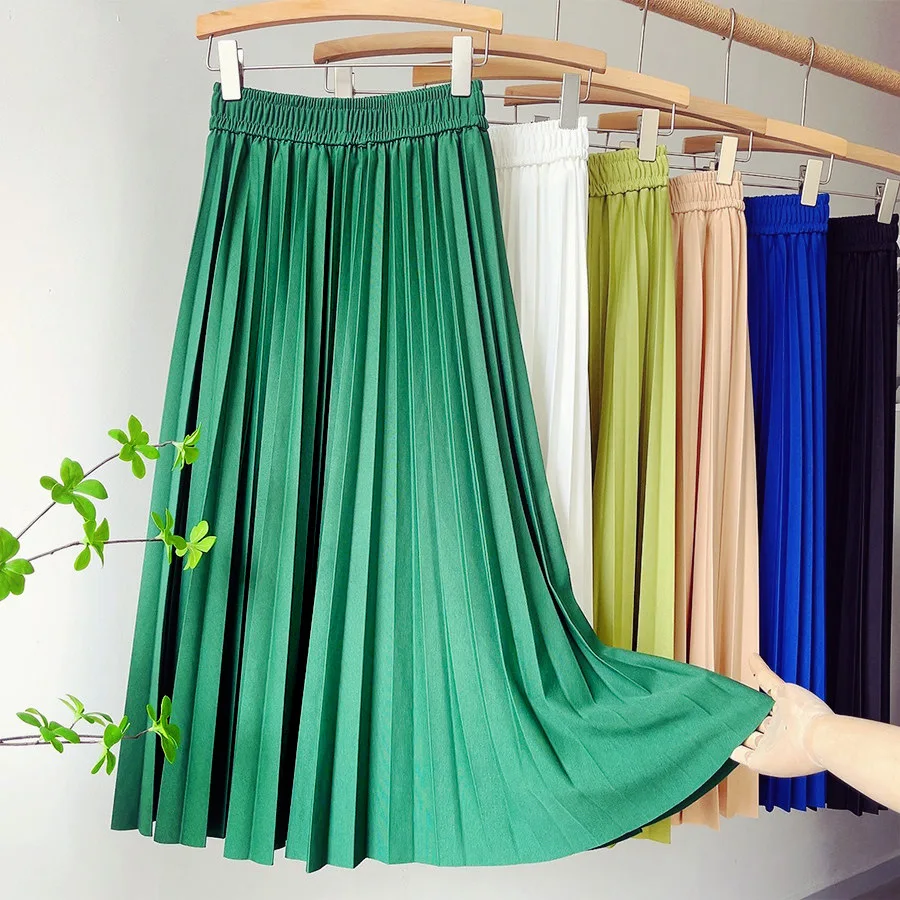 

MosiMolly Summer Pleated Skirt Bottom Women Big Pendulum A Line Skirt Office Lady Elegant Skirt