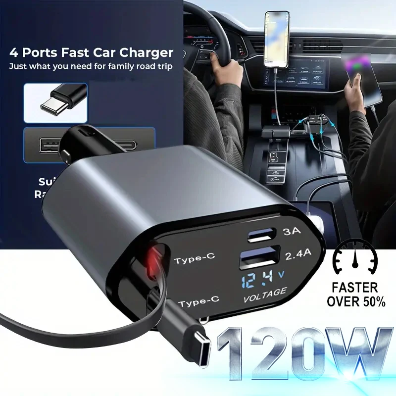 Автомобильное зарядное устройство 4 в 1 120 Вт Выдвижной Автомобильный Кабель для