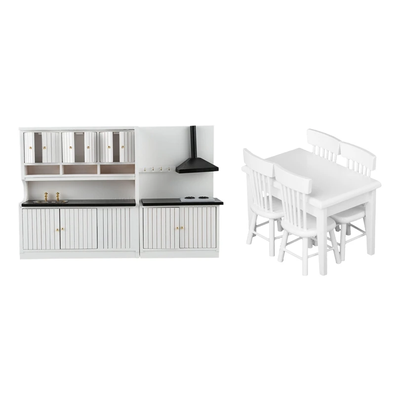

2 Set 1:12 Dollhouse Miniature Wooden Furniture White, 1 Set Kitchen Set & 1 Set Model Table Chair A Manger Set