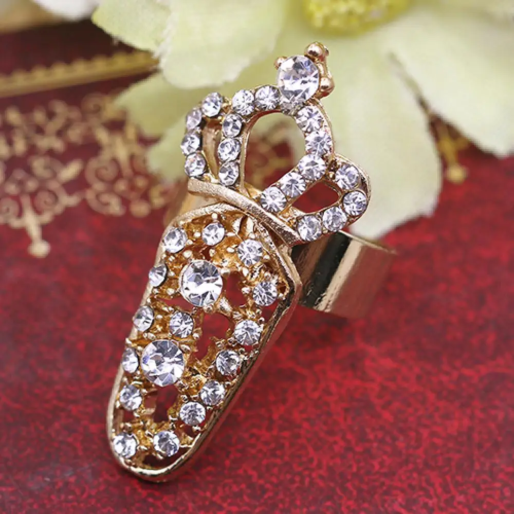 

Ring Women Rhinestone Flower Decor Fashion Finger Nail Women's Crystal Crown Bowknot Finger Tip Nail Cover Nail Art Decoration