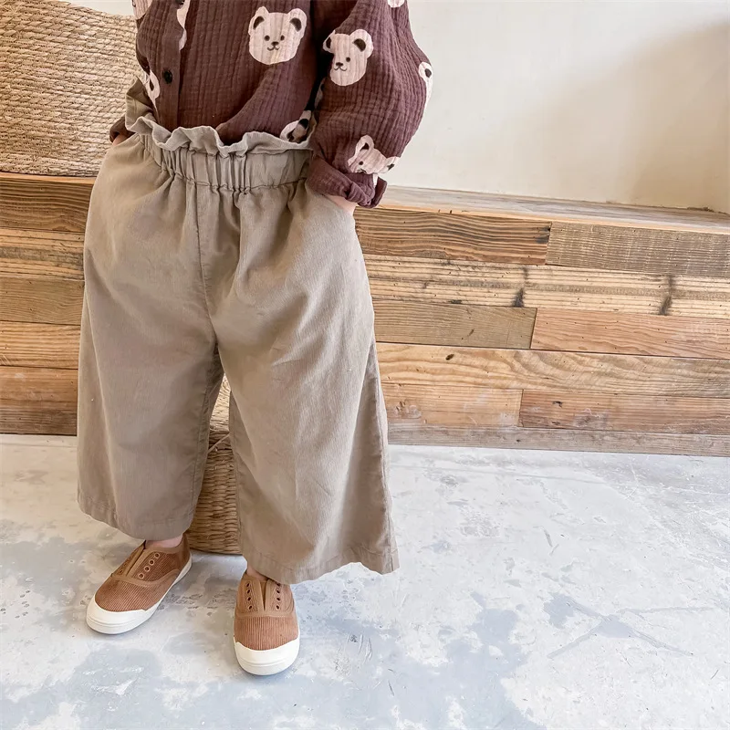 

Girls Children Corduroy Trousers Ankle-length Pants Wide Leg Loose Spring