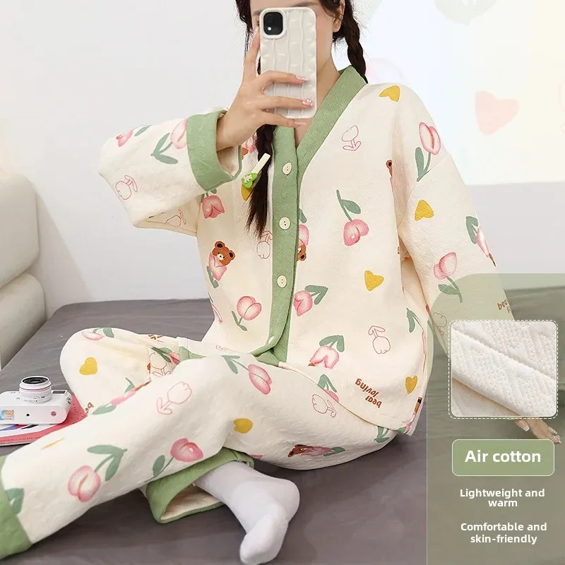 Women's Autumn Winter Thickened Cotton Long Sleeve Air Layer Cardigan Kimono Outerwear Homewear V-Neck Pajama Set