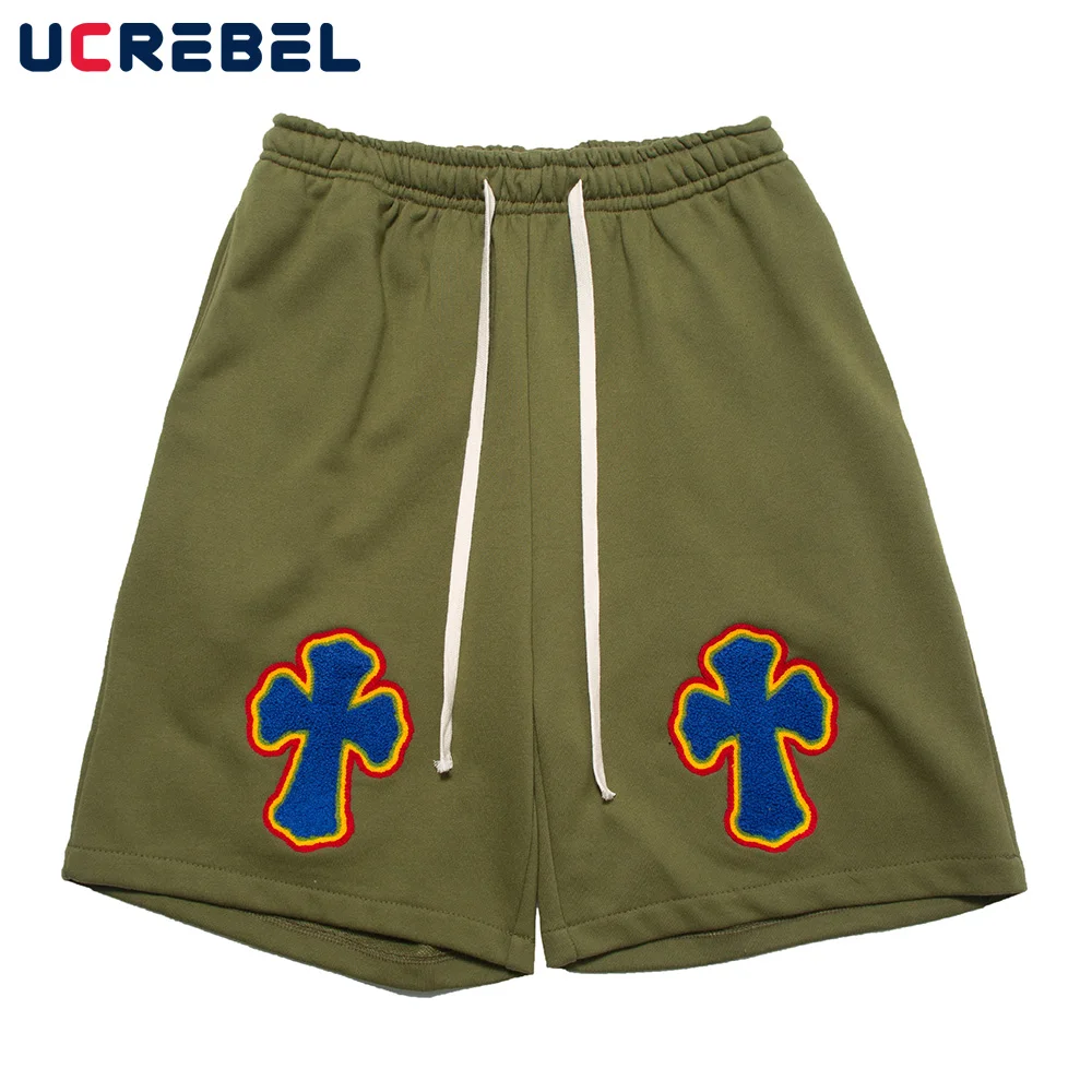 

Cross Embroidery Casual Shorts Mens Summer High Street Drawstring Elastic Waist Sweatshorts Streetwear Knee-length Shorts Men