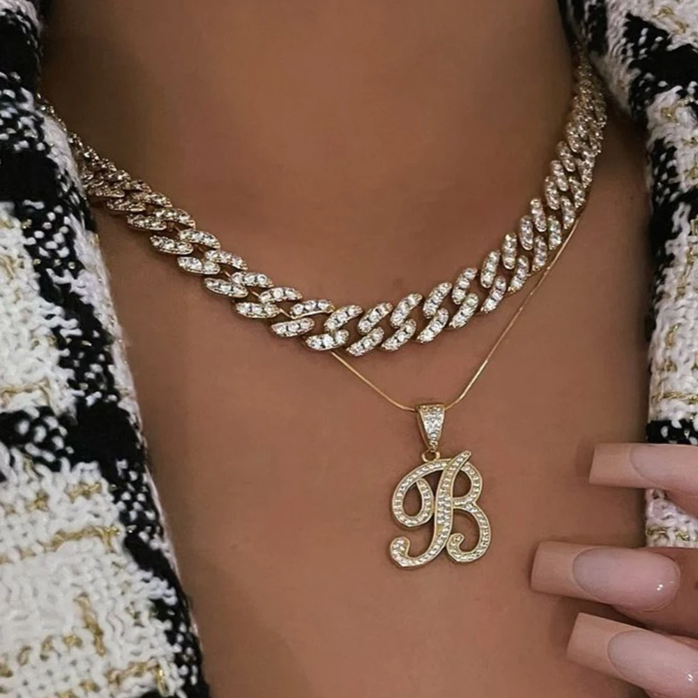 

Cursive 26 Initials Pendant Name Necklace For Women Hip Hop Bling Crystal Letter Gold Silver Color Rope Chain Necklace Jewelry