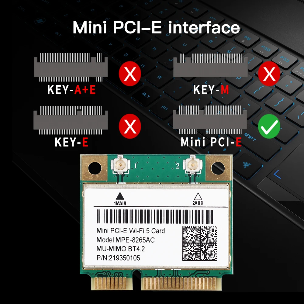 Фото WiFi 5 MPE-8265AC MINI PCI-E WIFI-карта, двухдиапазонная, 2,4G/5 ГГц, BT 4,2, 1200 Мбит/с, 802.11AC, сетевая карта Wlan для ноутбуков с Windows 7/8/10 №5