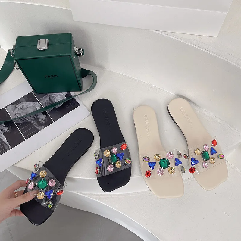 Large size women's flat bottom sandals 2022 summer new outer wear rhinestone square root slipper