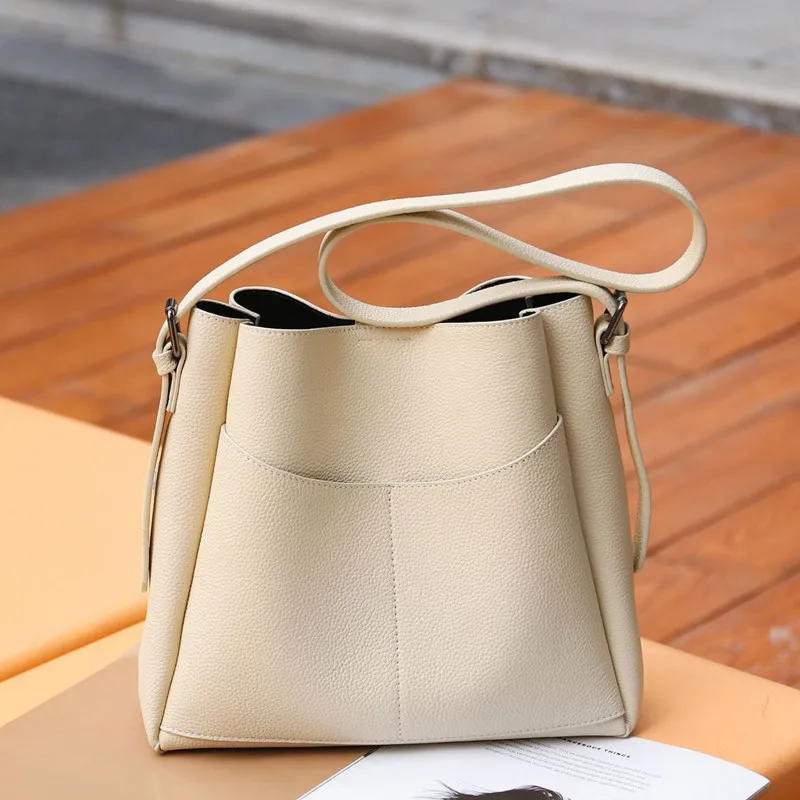 Beige Bucket Crossbody Bag Women's Real Genuine Leather Shoulder Bags For Ladies 2022 Large Solid Simple Summer Cross Body Bags