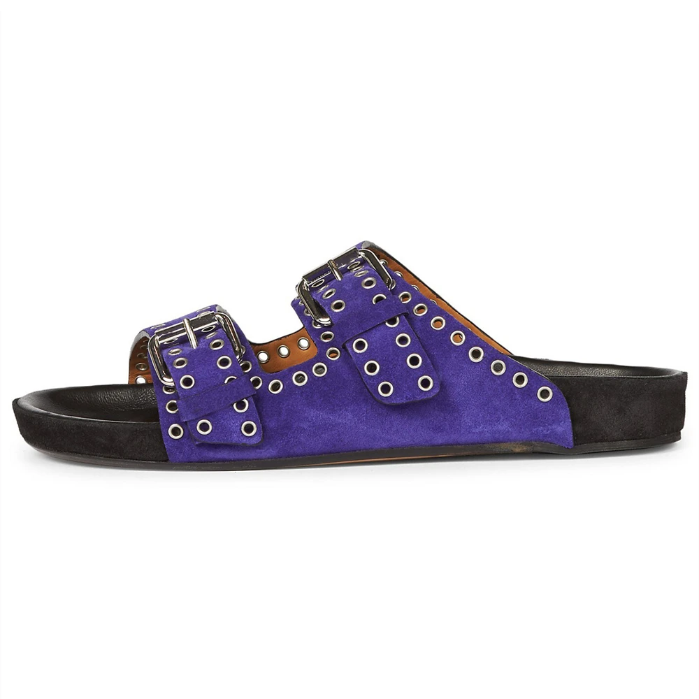 Summer Thick-Soled Buckle Rivet Slippers New Cowhide Open-Toe Beach Vacation Flat Sandals Sandal Roman Big Size 43 Female Casual