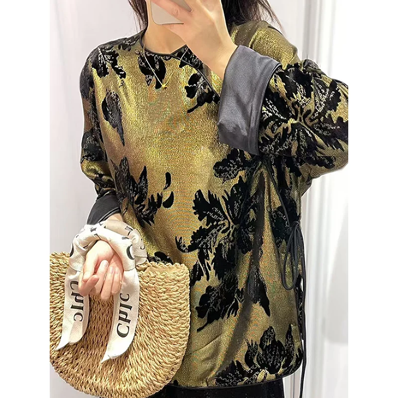 Высочайшее качество осенний новый шелковый бархатный топ с круглым вырезом