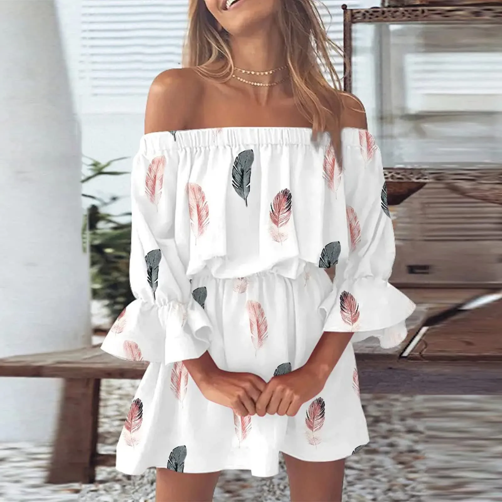 

2023 Summer Boho Dresses for Women Sexy Off Shoulder Floral Print Flare Sleeve Tunic Dress Women Casual Mini Sundress Vestido