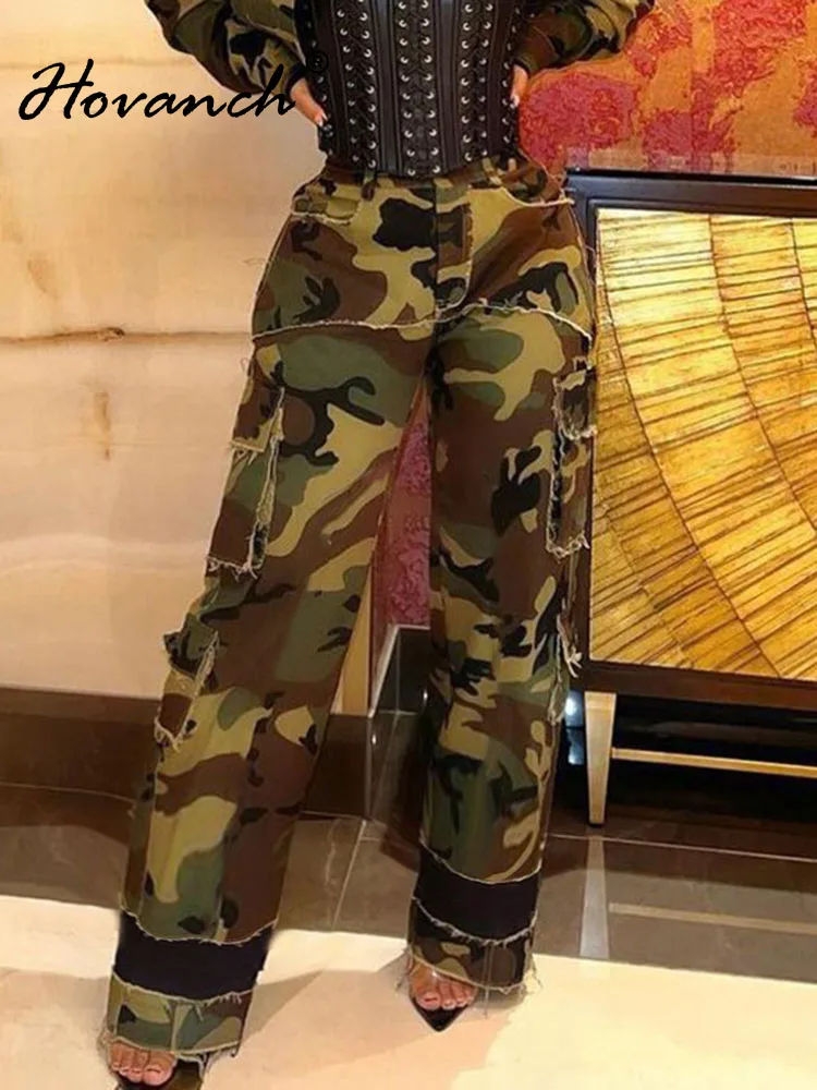 Hovanch Camouflage Colorful Casual Pocket Jeans Women's Fashion Wide Leg Jeans Summer 2023 Women's Bottom Street Clothing