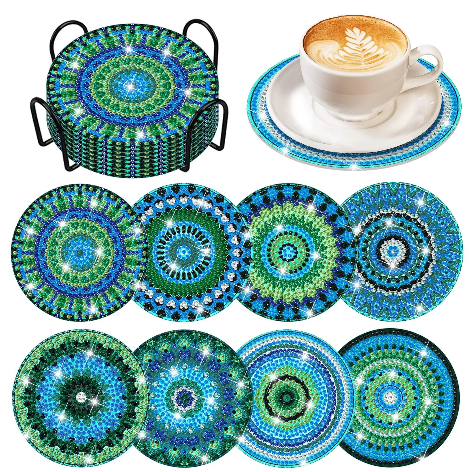

8Pcs BlueMandala Diamond Art Painting Coasters Kits with Holder DIY Blue Mandala Diamond Art Coaster Non Slip Coaster for Adults