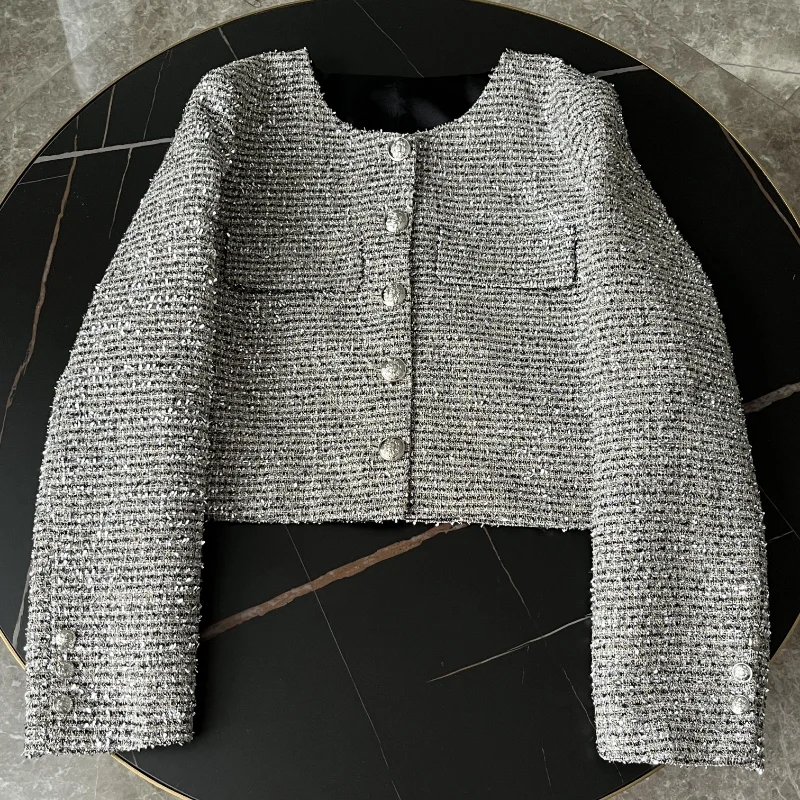 Женский твидовый пиджак с круглым вырезом