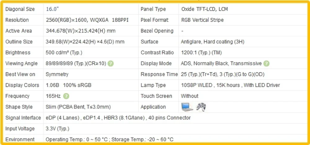 Фото NE160QDM-NY1 NE160QDM NY1 16-дюймовый ЖК-экран для ноутбука Тонкая IPS-панель без сенсорного экрана QHD 2560x1600 EDP 40 контактов 165 Гц №3