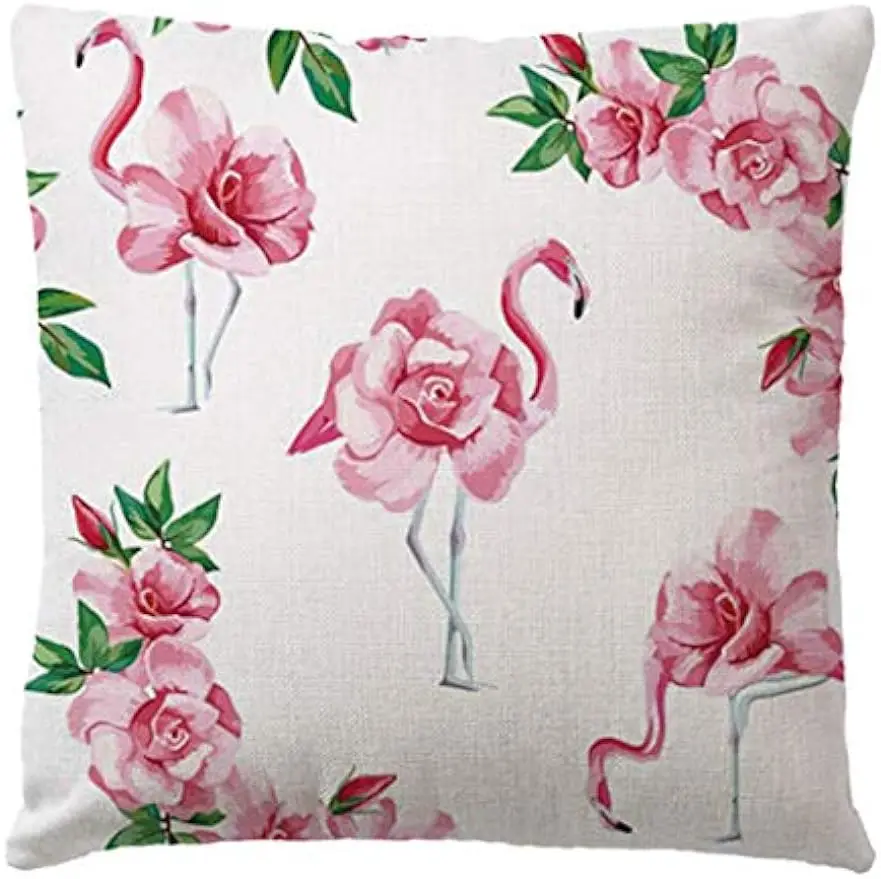 Розовая наволочка с фламинго тропическими растениями 40x40 см