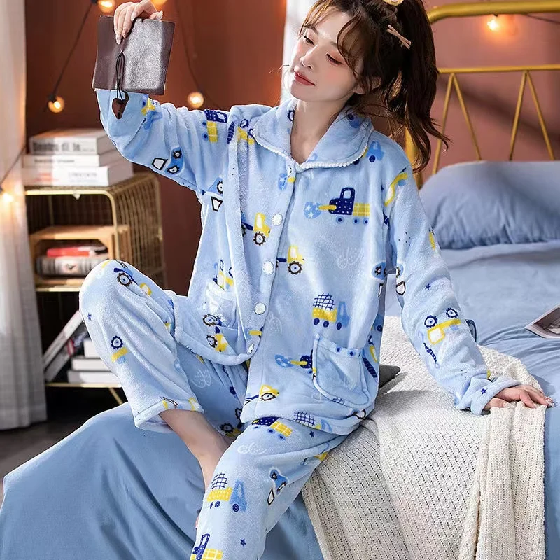 Winter Warm Flannel Pajamas Sets Women Thick Warm Long Sleeve Pyjamas Turn-Down Collar Sleepwear Home Suits Ladies Nightwear