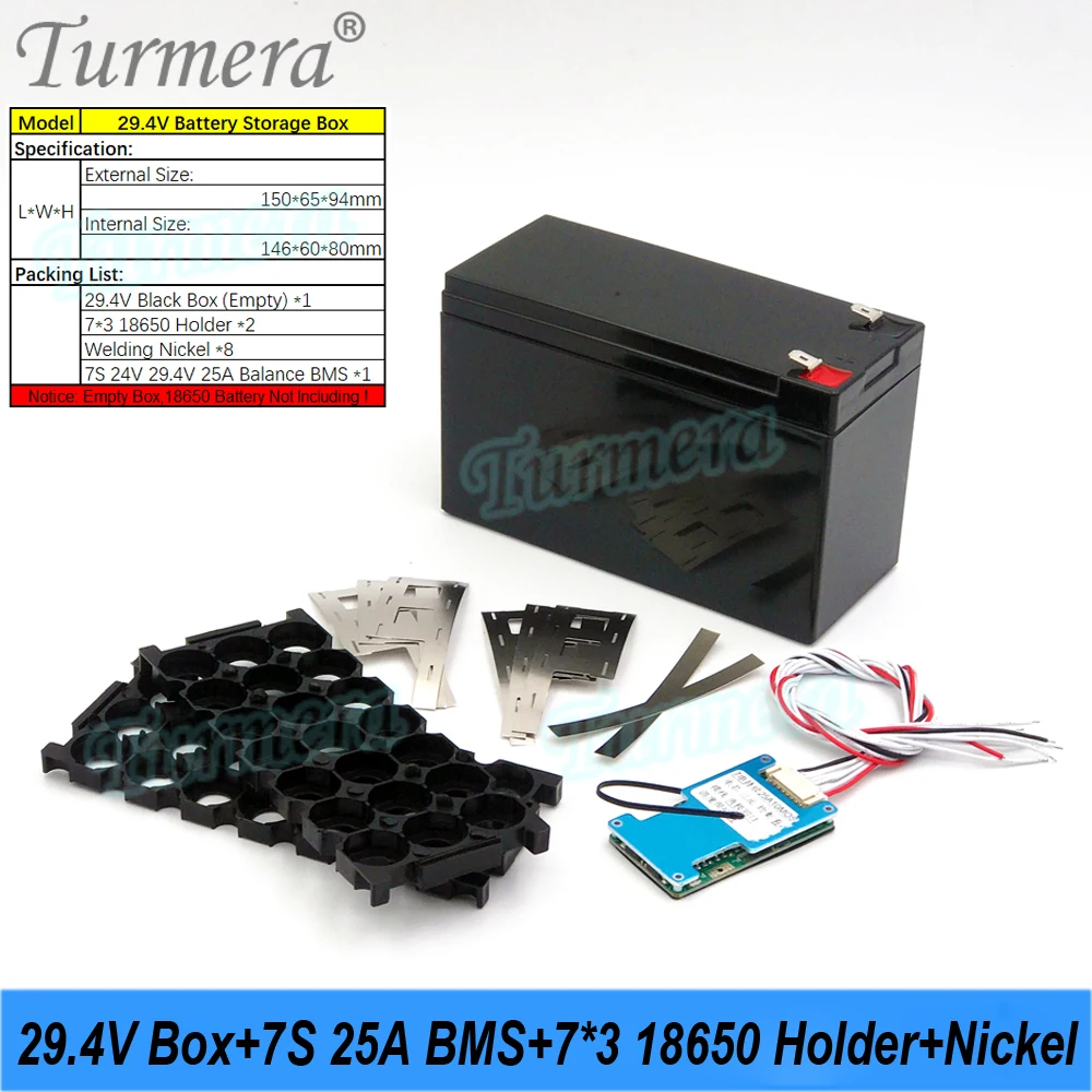 Turmera 24V 29.4V Battery Storage Box 18650 7S3P Holder 25A Balance BMS Welding Nickel Use in Electric Bike or Replace Lead-Acid