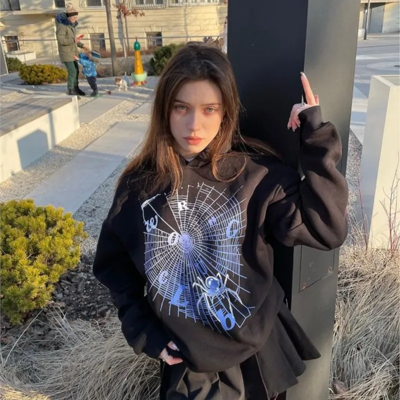 

Punk Hoodie Spider Graphic Sweatshirt Punk High Street Spider Web Print Casual Tops Y2K Clothes 90s Hip Hop Jacket Coat Unisex