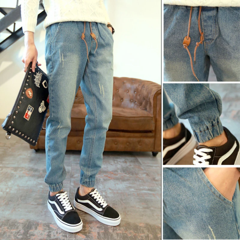 

New Style Bunched Jeans Korean Version Stretch Harem Slim Fit Pencil Pants Drawstring Pants Men