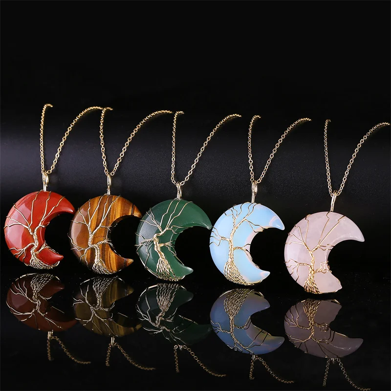 

Latest Crescent Moon Shape Quartz Pendant Women Tree of Life Wire Wrapped Natural Crystal Necklace Reiki Healing Jewelry 3 pcs