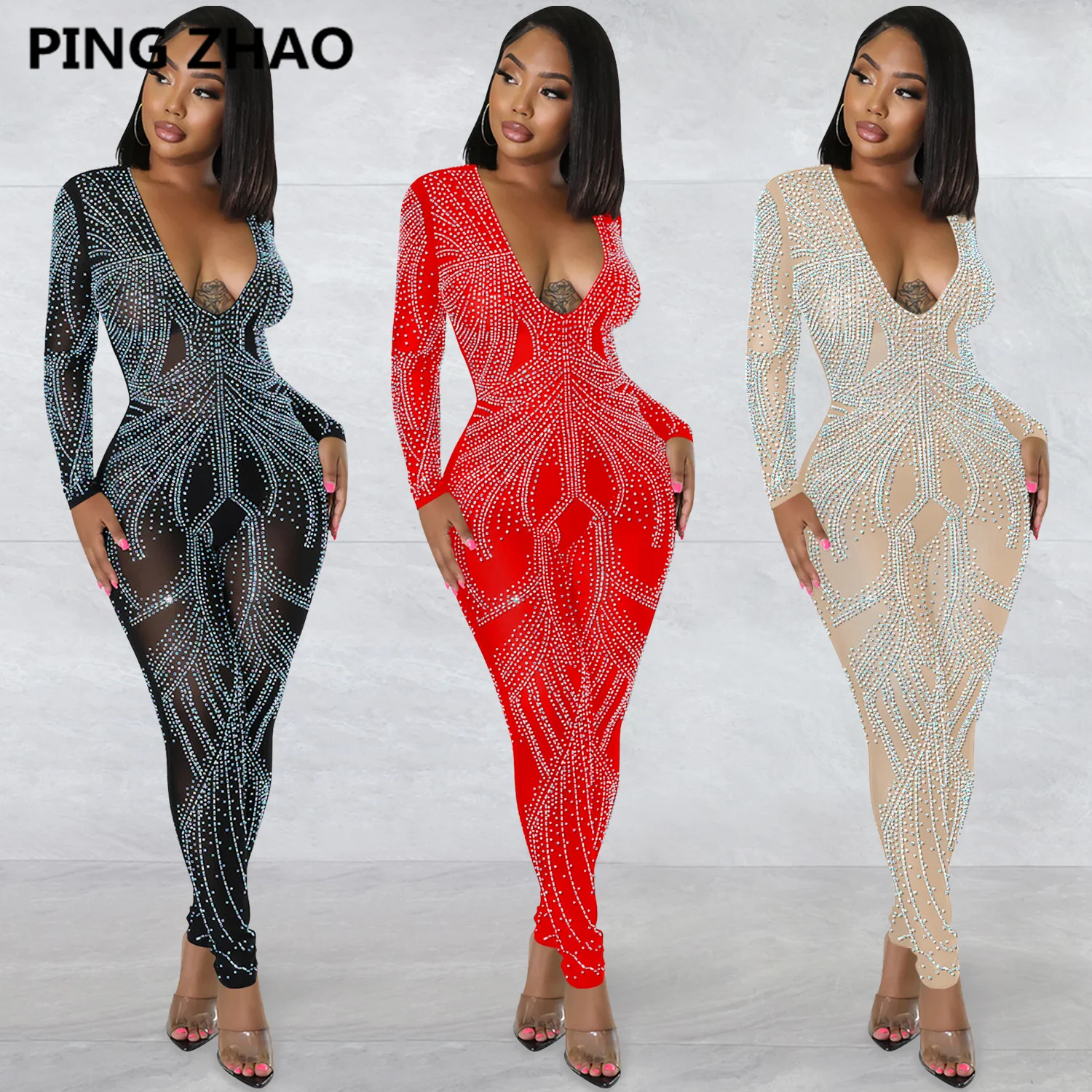 

PING ZHAO Diamonds Sheer Mesh Jumpsuit Women Sexy See Through Deep V Neck Long Sleeve Skinny Night Club Party Romper