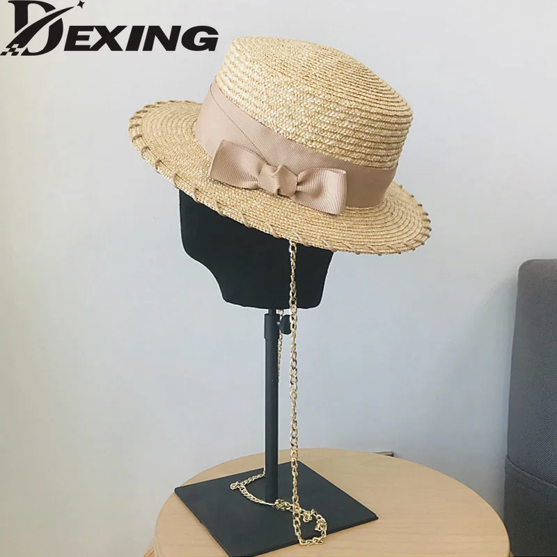 Шляпа женская Соломенная с плоским верхом, модная Панама от солнца в стиле ретро, в европейском стиле, панк, с цепочкой, уличная пляжная шапк...
