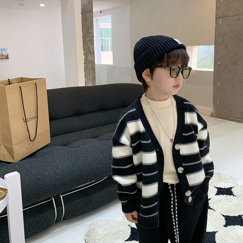 

Хлопковый вязаный шерстяной свитер для мальчиков, черная теплая утепленная Вельветовая повседневная детская одежда на осень-зиму 2022