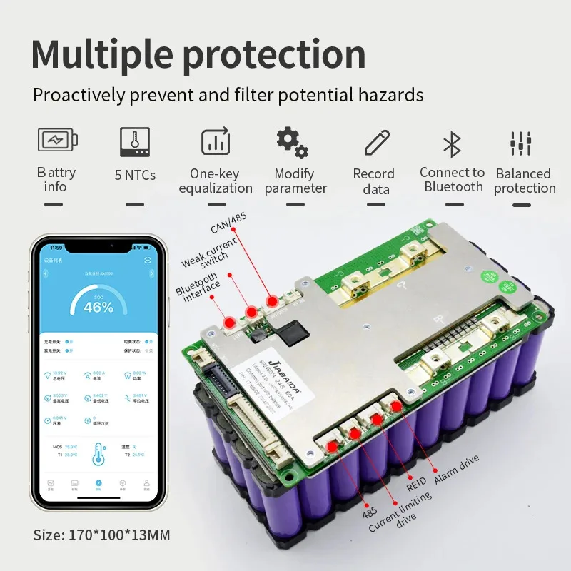 Литий-ионный аккумулятор JIABAIDA 8S BMS LiFePo4 10S 13S 14S 16S 20S 24S 40A-200A