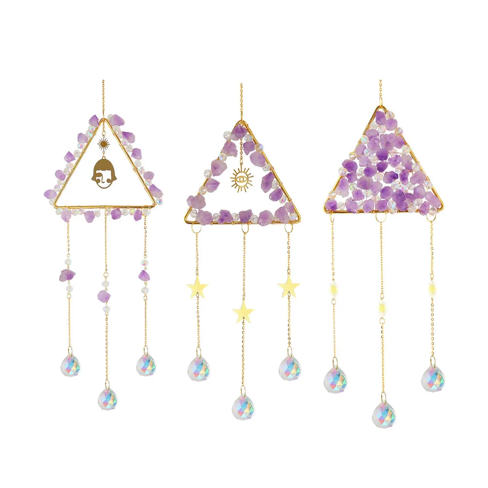 

Crystals Wind Chime Handmade Jewelry Diamond Hanging Pendant Metal Frame Natural Stone Colored Bead Home Window Decoration