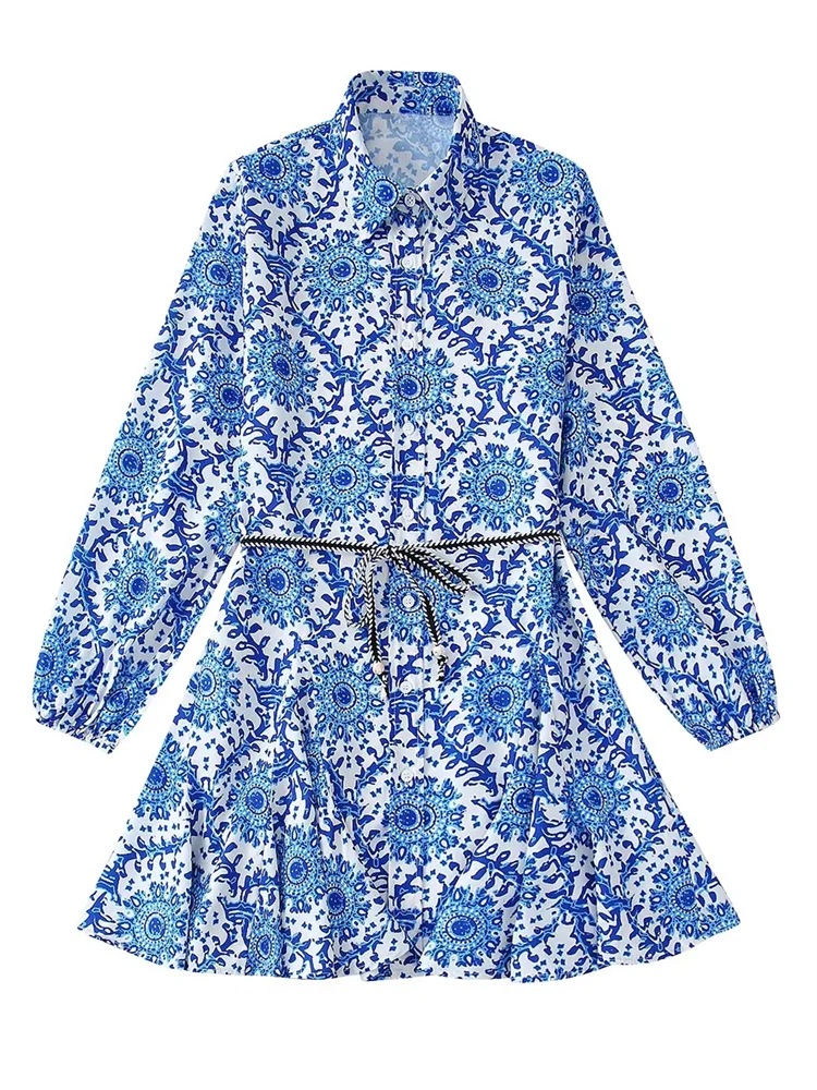 

Женское платье-рубашка с поясом, элегантное голубое однобортное платье мини с длинным рукавом и отложным воротником, лето 2022