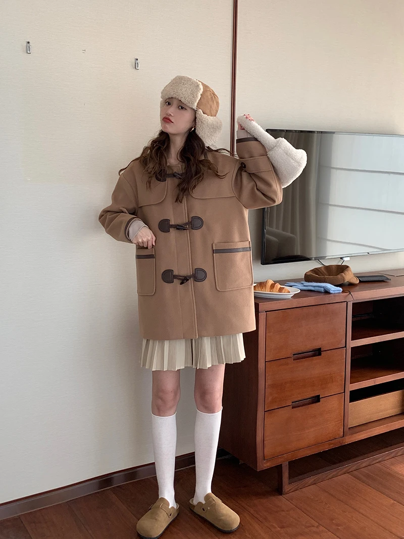 

Женское шерстяное пальто в японском стиле, свободное приталенное пальто средней длины в классическом студенческом стиле с пряжкой-Рогом, з...