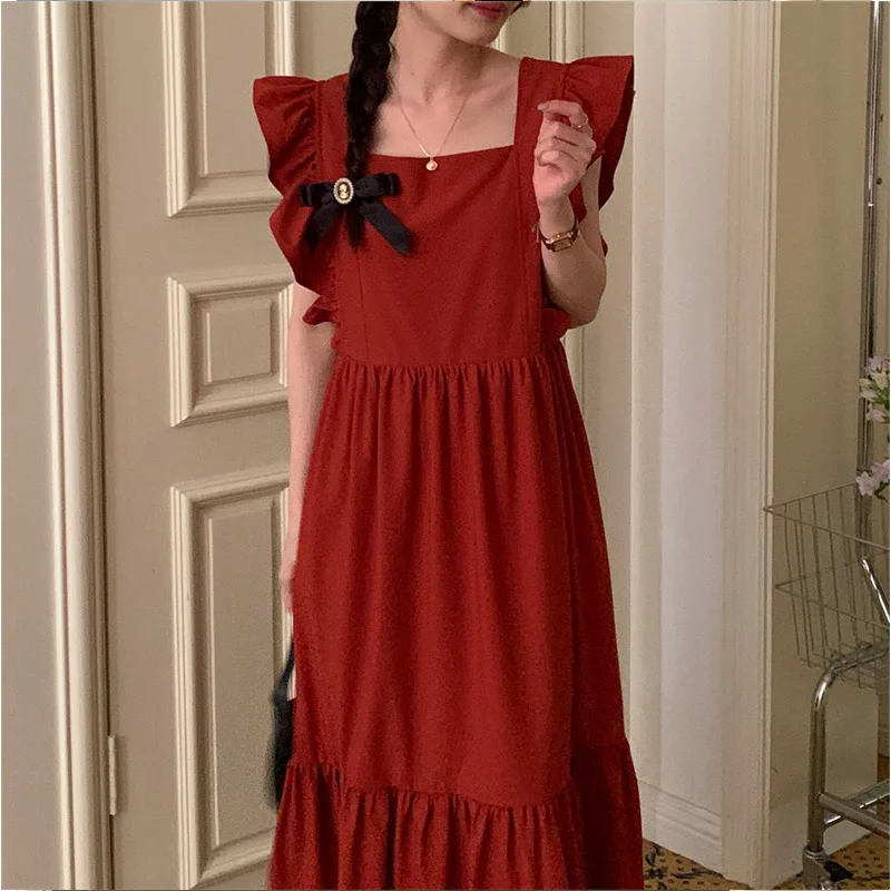 

Цельнокроеное платье с открытой спиной и летящим рукавом, женское винтажное платье на шнуровке 2022, корейские элегантные летние платья с ква...