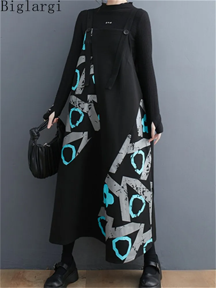 

Oversized Korea Fashion Summer New Sleeveless Print Dress Women Casual Loose Large Size Slip Dress Ladies Black Long Dresses