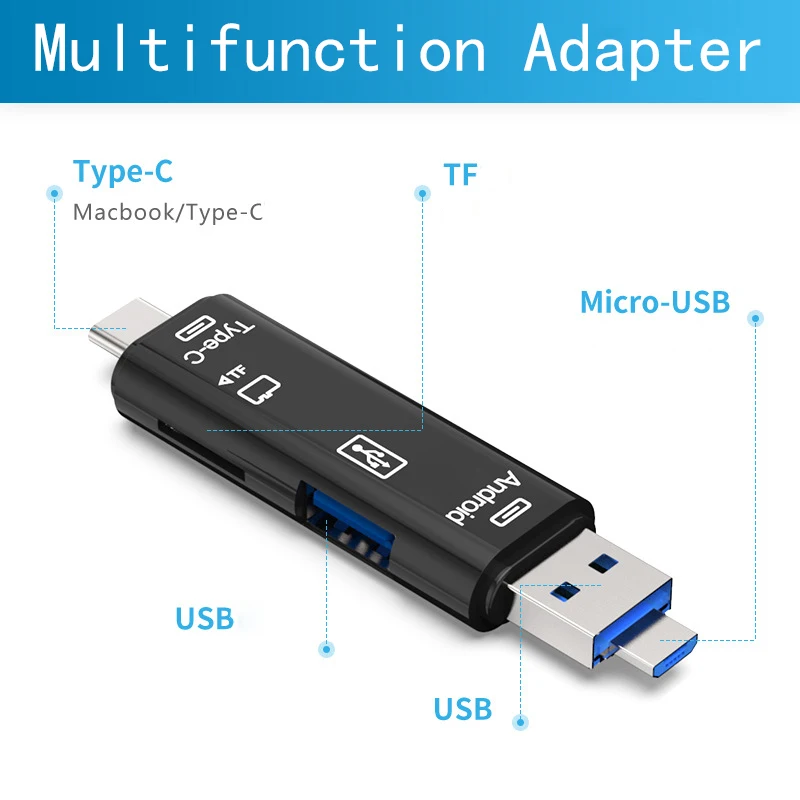 

5 In 1 Multifunction USB 2.0 Type C/USB /Micro USB/TF/SD Memory Card Reader OTG Card Reader Adapter Mobile Phone PC Accessories