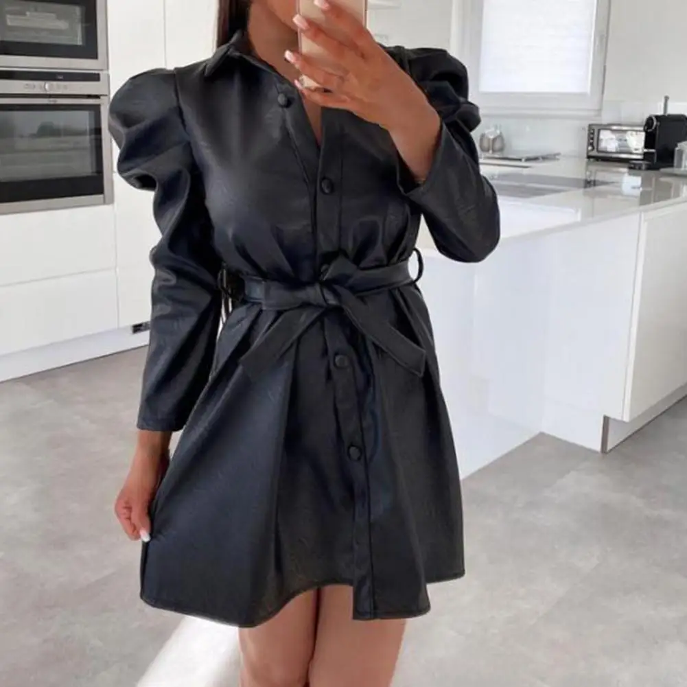 

Faux Leather Summer Elegant Casual Women's Dresses For Women 2022 Puff Sleeve Belt Pure Color Lapel Mini Dress for Daily Wear