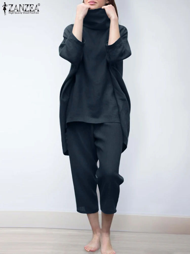 

ZANZEA Spring Trutleneck 3/4 Sleeve Blouse Harem Pants Sets Fashion Solid Urban Tracksuit Matching Sets 2pcs Women Trouser Suits